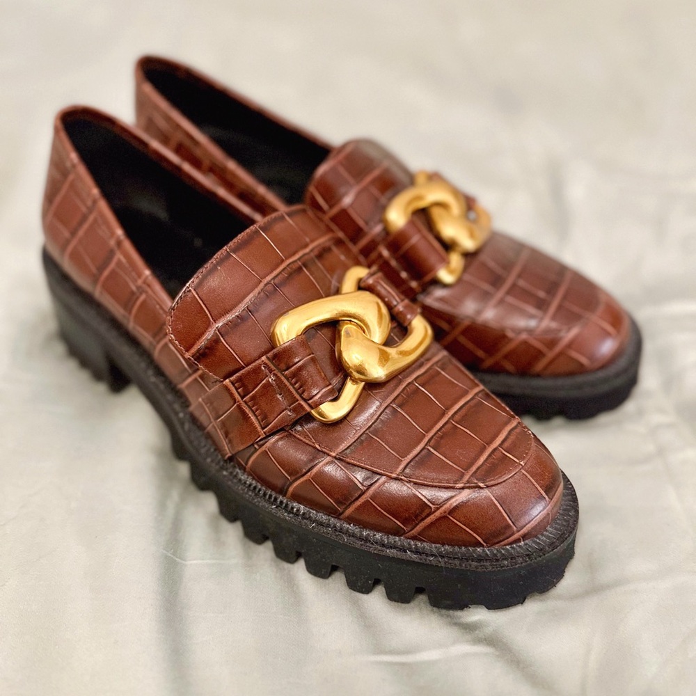 Aerosoles Women's Croc Print Lilia Leather Block Heel Loafers - Brown